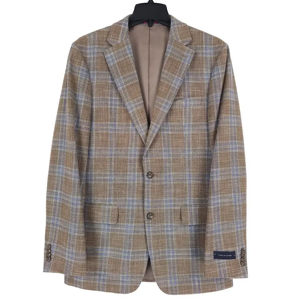 Tommy Hilfiger Mens Modern Fit Sport Coat 40L Tan Blue Plaid Stretch Basketweave